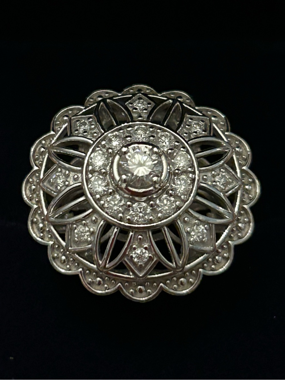 JTV Moissanite Fire Cocktail Ring Sterling Silver Floral Halo Ring .87ctw